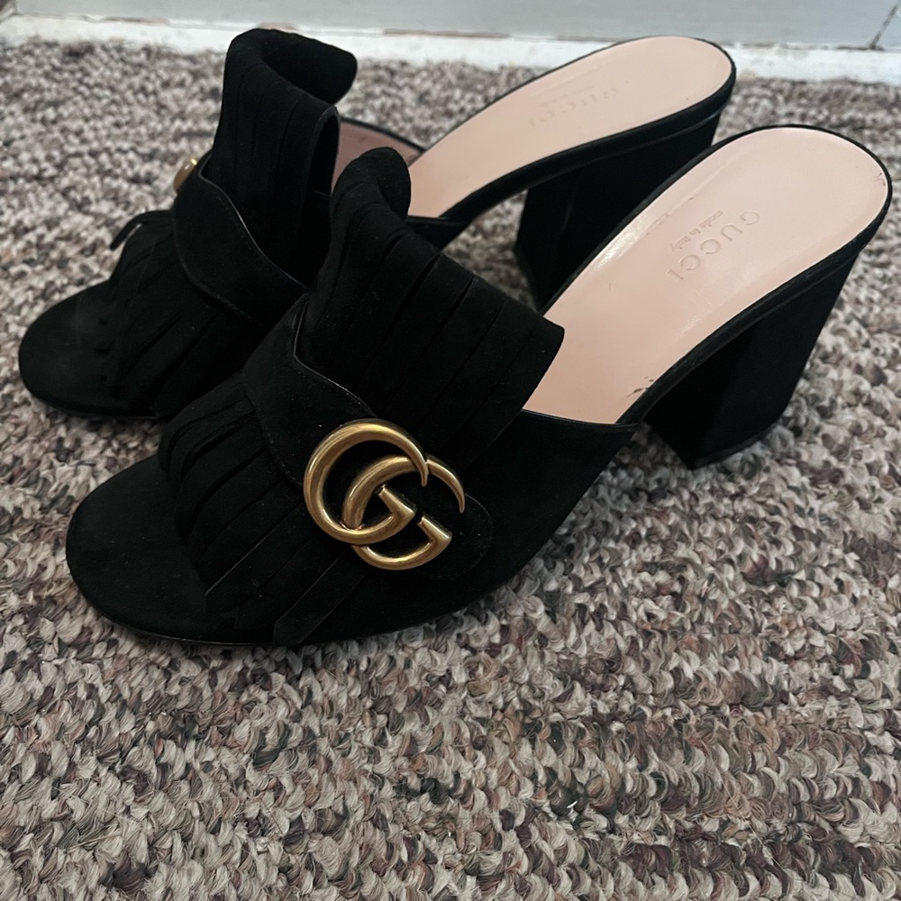 Gucci Black Suede GG Marmot Logo Fringe Mule Sandals 39